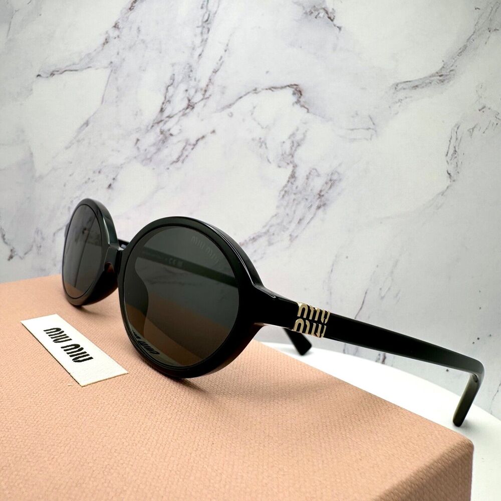 MIU MIU Sunglasses New Black Acetate Slim Round Gold Metal Logo Authentic Women